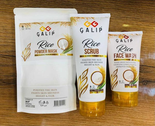 Galib Rice Facial Kit – 3-step Skincare Set With Wash, Scrub, And Mask