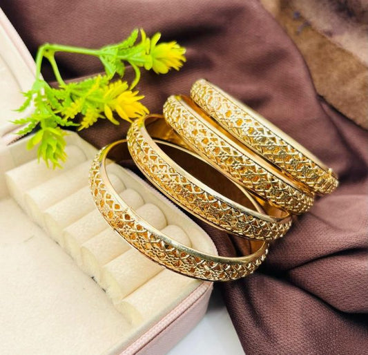 Golden Elegant Bangles 2 Pcs Set Traditional Indian Jewelry With Intricate Design Premium Gold Finish Bangles